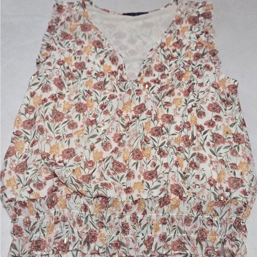 Floral Sleeveless Blouse - Cream and Brown
